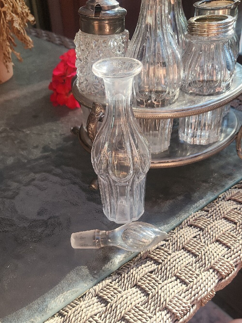 Vintage Silver Condiment Carousel with Clear Glass Bottles - Picture 11 of 16